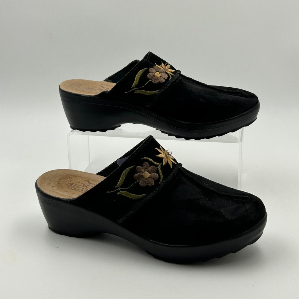 Fly Flot Clogs Women 38 Black Floral Embroidered Suede Mules Cottagecore Comfort